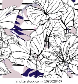 Tropical, modern stripes motif. Black and white summer jungle leaf on bright abstract shape brush line. Trending contrast seamless pattern vector background. Watercolor blobs and daubs, ink, stains.