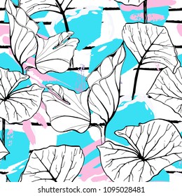 Tropical, modern stripes motif. Black and white summer jungle leaf on bright abstract shape brush line. Trending contrast seamless pattern vector background. Watercolor blobs and daubs, ink, stains.