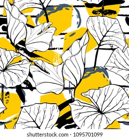 Tropical, modern stripes motif. Black and white summer jungle leaf on bright abstract shape brush line. Trending contrast seamless pattern vector background. Watercolor blobs and daubs, ink, stains.