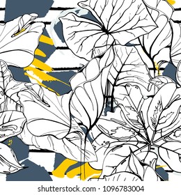 Tropical, modern stripes motif. Black and white summer jungle leaf on bright abstract shape brush line. Trending contrast seamless pattern vector background. Watercolor blobs and daubs, ink, stains.