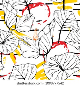 Tropical, modern stripes motif. Black and white summer jungle leaf on bright abstract shape brush line. Trending contrast seamless pattern vector background. Watercolor blobs and daubs, ink, stains.