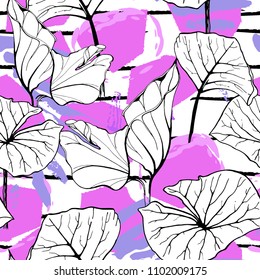 Tropical, modern stripes motif. Black and white summer jungle leaf on bright abstract shape brush line. Trending contrast seamless pattern vector background. Watercolor blobs and daubs, ink, stains.