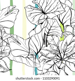 Tropical, modern stripes motif. Black and white summer jungle leaf on bright abstract shape brush line. Trending contrast seamless pattern vector background. Watercolor blobs and daubs, ink, stains.