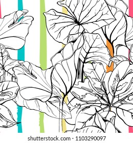 Tropical, modern stripes motif. Black and white summer jungle leaf on bright abstract shape brush line. Trending contrast seamless pattern vector background. Watercolor blobs and daubs, ink, stains.