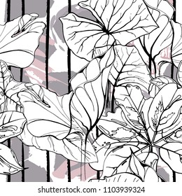 Tropical, modern stripes motif. Black and white summer jungle leaf on bright abstract shape brush line. Trending contrast seamless pattern vector background. Watercolor blobs and daubs, ink, stains.