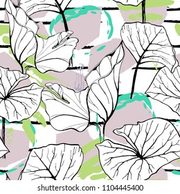 Tropical, modern stripes motif. Black and white summer jungle leaf on bright abstract shape brush line. Trending contrast seamless pattern vector background. Watercolor blobs and daubs, ink, stains.