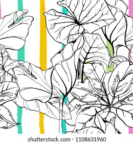 Tropical, modern stripes motif. Black and white summer jungle leaf on bright abstract shape brush line. Trending contrast seamless pattern vector background. Watercolor blobs and daubs, ink, stains.