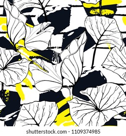 Tropical, modern stripes motif. Black and white summer jungle leaf on bright abstract shape brush line. Trending contrast seamless pattern vector background. Watercolor blobs and daubs, ink, stains.