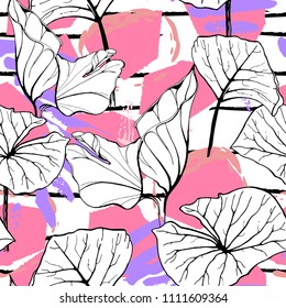 Tropical, modern stripes motif. Black and white summer jungle leaf on bright abstract shape brush line. Trending contrast seamless pattern vector background. Watercolor blobs and daubs, ink, stains.