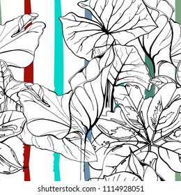 Tropical, modern stripes motif. Black and white summer jungle leaf on bright abstract shape brush line. Trending contrast seamless pattern vector background. Watercolor blobs and daubs, ink, stains.