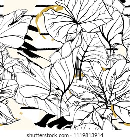 Tropical, modern stripes motif. Black and white summer jungle leaf on bright abstract shape brush line. Trending contrast seamless pattern vector background. Watercolor blobs and daubs, ink, stains.
