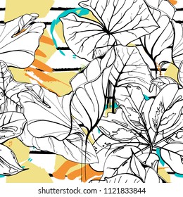 Tropical, modern stripes motif. Black and white summer jungle leaf on bright abstract shape brush line. Trending contrast seamless pattern vector background. Watercolor blobs and daubs, ink, stains.