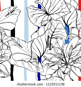 Tropical, modern stripes motif. Black and white summer jungle leaf on bright abstract shape brush line. Trending contrast seamless pattern vector background. Watercolor blobs and daubs, ink, stains.