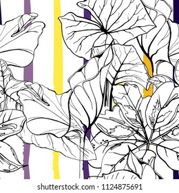 Tropical, modern stripes motif. Black and white summer jungle leaf on bright abstract shape brush line. Trending contrast seamless pattern vector background. Watercolor blobs and daubs, ink, stains.