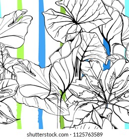 Tropical, modern stripes motif. Black and white summer jungle leaf on bright abstract shape brush line. Trending contrast seamless pattern vector background. Watercolor blobs and daubs, ink, stains.