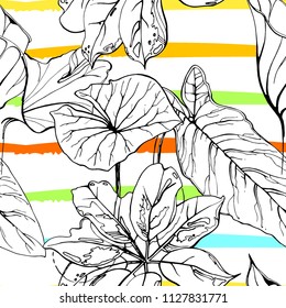 Tropical, modern stripes motif. Black and white summer jungle leaf on bright abstract shape brush line. Trending contrast seamless pattern vector background. Watercolor blobs and daubs, ink, stains.