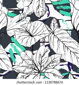 Tropical, modern stripes motif. Black and white summer jungle leaf on bright abstract shape brush line. Trending contrast seamless pattern vector background. Watercolor blobs and daubs, ink, stains.
