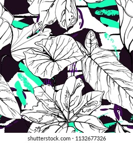 Tropical, modern stripes motif. Black and white summer jungle leaf on bright abstract shape brush line. Trending contrast seamless pattern vector background. Watercolor blobs and daubs, ink, stains.