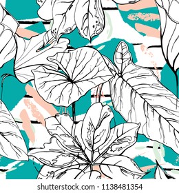 Tropical, modern stripes motif. Black and white summer jungle leaf on bright abstract shape brush line. Trending contrast seamless pattern vector background. Watercolor blobs and daubs, ink, stains.