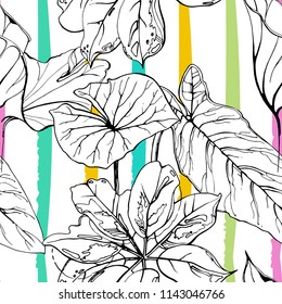 Tropical, modern stripes motif. Black and white summer jungle leaf on bright abstract shape brush line. Trending contrast seamless pattern vector background. Watercolor blobs and daubs, ink, stains.