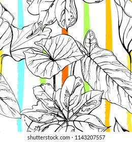 Tropical, modern stripes motif. Black and white summer jungle leaf on bright abstract shape brush line. Trending contrast seamless pattern vector background. Watercolor blobs and daubs, ink, stains.