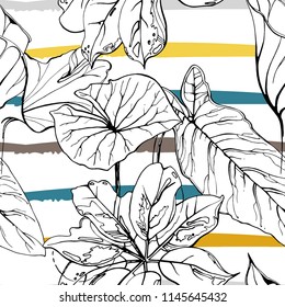Tropical, modern stripes motif. Black and white summer jungle leaf on bright abstract shape brush line. Trending contrast seamless pattern vector background. Watercolor blobs and daubs, ink, stains.