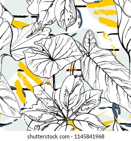Tropical, modern stripes motif. Black and white summer jungle leaf on bright abstract shape brush line. Trending contrast seamless pattern vector background. Watercolor blobs and daubs, ink, stains.