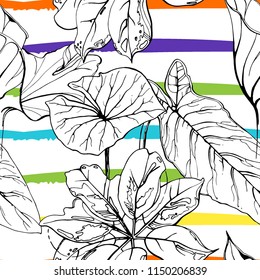Tropical, modern stripes motif. Black and white summer jungle leaf on bright abstract shape brush line. Trending contrast seamless pattern vector background. Watercolor blobs and daubs, ink, stains.