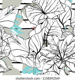 Tropical, modern stripes motif. Black and white summer jungle leaf on bright abstract shape brush line. Trending contrast seamless pattern vector background. Watercolor blobs and daubs, ink, stains.