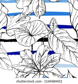 Tropical, modern stripes motif. Black and white summer jungle leaf on bright abstract shape brush line. Trending contrast seamless pattern vector background. Watercolor blobs and daubs, ink, stains.