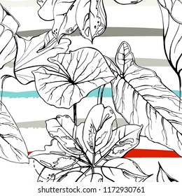 Tropical, modern stripes motif. Black and white summer jungle leaf on bright abstract shape brush line. Trending contrast seamless pattern vector background. Watercolor blobs and daubs, ink, stains.