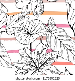 Tropical, modern stripes motif. Black and white summer jungle leaf on bright abstract shape brush line. Trending contrast seamless pattern vector background. Watercolor blobs and daubs, ink, stains.