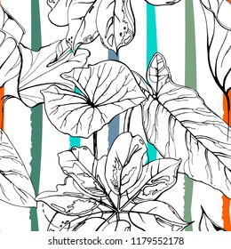 Tropical, modern stripes motif. Black and white summer jungle leaf on bright abstract shape brush line. Trending contrast seamless pattern vector background. Watercolor blobs and daubs, ink, stains.