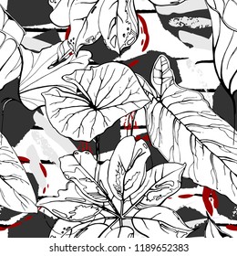 Tropical, modern stripes motif. Black and white summer jungle leaf on bright abstract shape brush line. Trending contrast seamless pattern vector background. Watercolor blobs and daubs, ink, stains.