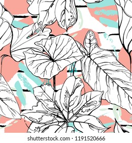 Tropical, modern stripes motif. Black and white summer jungle leaf on bright abstract shape brush line. Trending contrast seamless pattern vector background. Watercolor blobs and daubs, ink, stains.