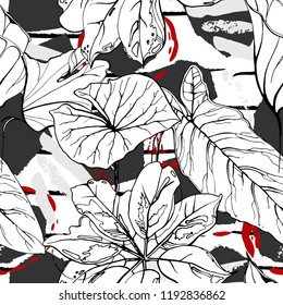 Tropical, modern stripes motif. Black and white summer jungle leaf on bright abstract shape brush line. Trending contrast seamless pattern vector background. Watercolor blobs and daubs, ink, stains.