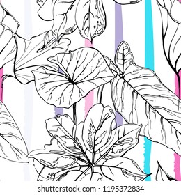 Tropical, modern stripes motif. Black and white summer jungle leaf on bright abstract shape brush line. Trending contrast seamless pattern vector background. Watercolor blobs and daubs, ink, stains.