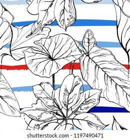 Tropical, modern stripes motif. Black and white summer jungle leaf on bright abstract shape brush line. Trending contrast seamless pattern vector background. Watercolor blobs and daubs, ink, stains.