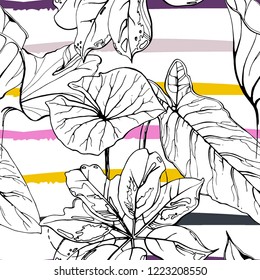 Tropical, modern stripes motif. Black and white summer jungle leaf on bright abstract shape brush line. Trending contrast seamless pattern vector background. Watercolor blobs and daubs, ink, stains.
