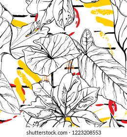 Tropical, modern stripes motif. Black and white summer jungle leaf on bright abstract shape brush line. Trending contrast seamless pattern vector background. Watercolor blobs and daubs, ink, stains.