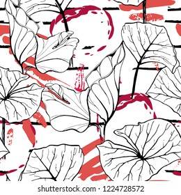 Tropical, modern stripes motif. Black and white summer jungle leaf on bright abstract shape brush line. Trending contrast seamless pattern vector background. Watercolor blobs and daubs, ink, stains.