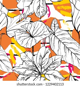 Tropical, modern stripes motif. Black and white summer jungle leaf on bright abstract shape brush line. Trending contrast seamless pattern vector background. Watercolor blobs and daubs, ink, stains.