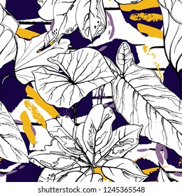 Tropical, modern stripes motif. Black and white summer jungle leaf on bright abstract shape brush line. Trending contrast seamless pattern vector background. Watercolor blobs and daubs, ink, stains.
