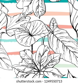 Tropical, modern stripes motif. Black and white summer jungle leaf on bright abstract shape brush line. Trending contrast seamless pattern vector background. Watercolor blobs and daubs, ink, stains.