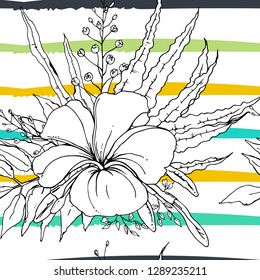 Tropical, modern stripes motif. Black and white summer jungle leaf on bright abstract shape brush line. Trending contrast seamless pattern vector background. Watercolor blobs and daubs, ink, stains.