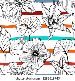 Tropical, modern stripes motif. Black and white summer jungle leaf on bright abstract shape brush line. Trending contrast seamless pattern vector background. Watercolor blobs and daubs, ink, stains.