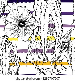Tropical, modern stripes motif. Black and white summer jungle leaf on bright abstract shape brush line. Trending contrast seamless pattern vector background. Watercolor blobs and daubs, ink, stains.