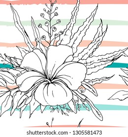 Tropical, modern stripes motif. Black and white summer jungle leaf on bright abstract shape brush line. Trending contrast seamless pattern vector background. Watercolor blobs and daubs, ink, stains.