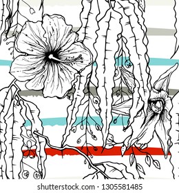 Tropical, modern stripes motif. Black and white summer jungle leaf on bright abstract shape brush line. Trending contrast seamless pattern vector background. Watercolor blobs and daubs, ink, stains.