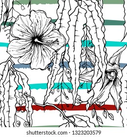 Tropical, modern stripes motif. Black and white summer jungle leaf on bright abstract shape brush line. Trending contrast seamless pattern vector background. Watercolor blobs and daubs, ink, stains.